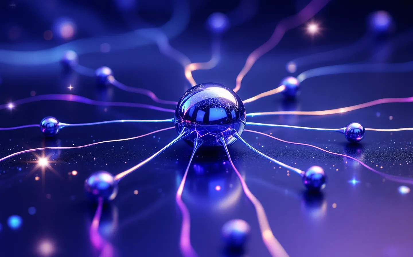 An abstract Y2K chrome schematic of a glossy central node with magenta and cyan signal lines radiating to small holographic receptor nodes, on a deep blue-violet ground